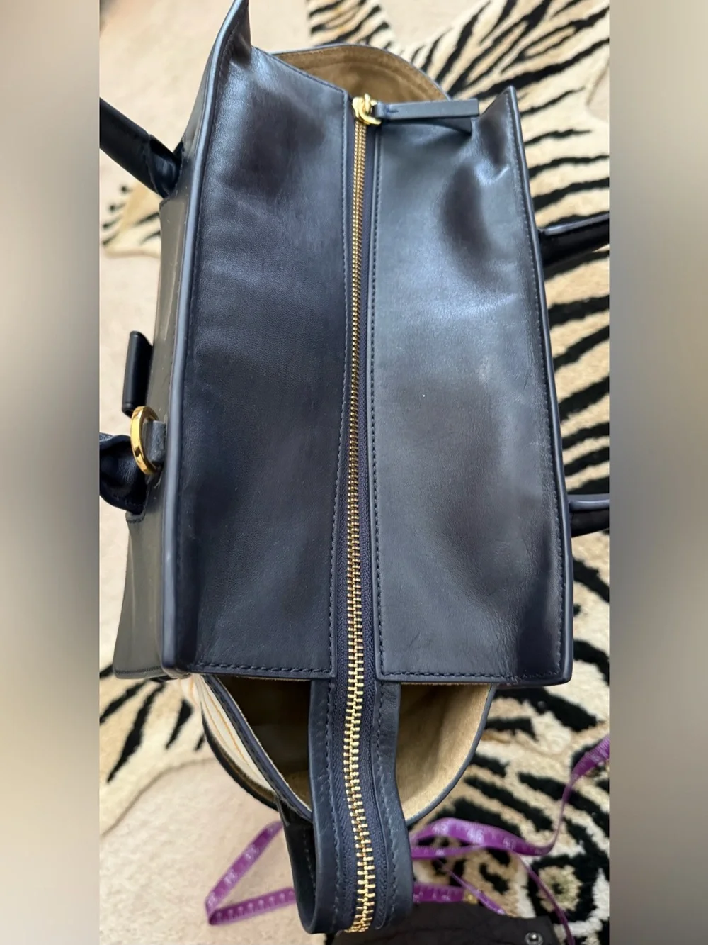 Veronica Beard Black and White Striped Satchel with Gold Lock